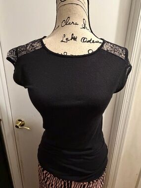 Armani Exchange Black Lace Shoulder Short Sleeve Tee